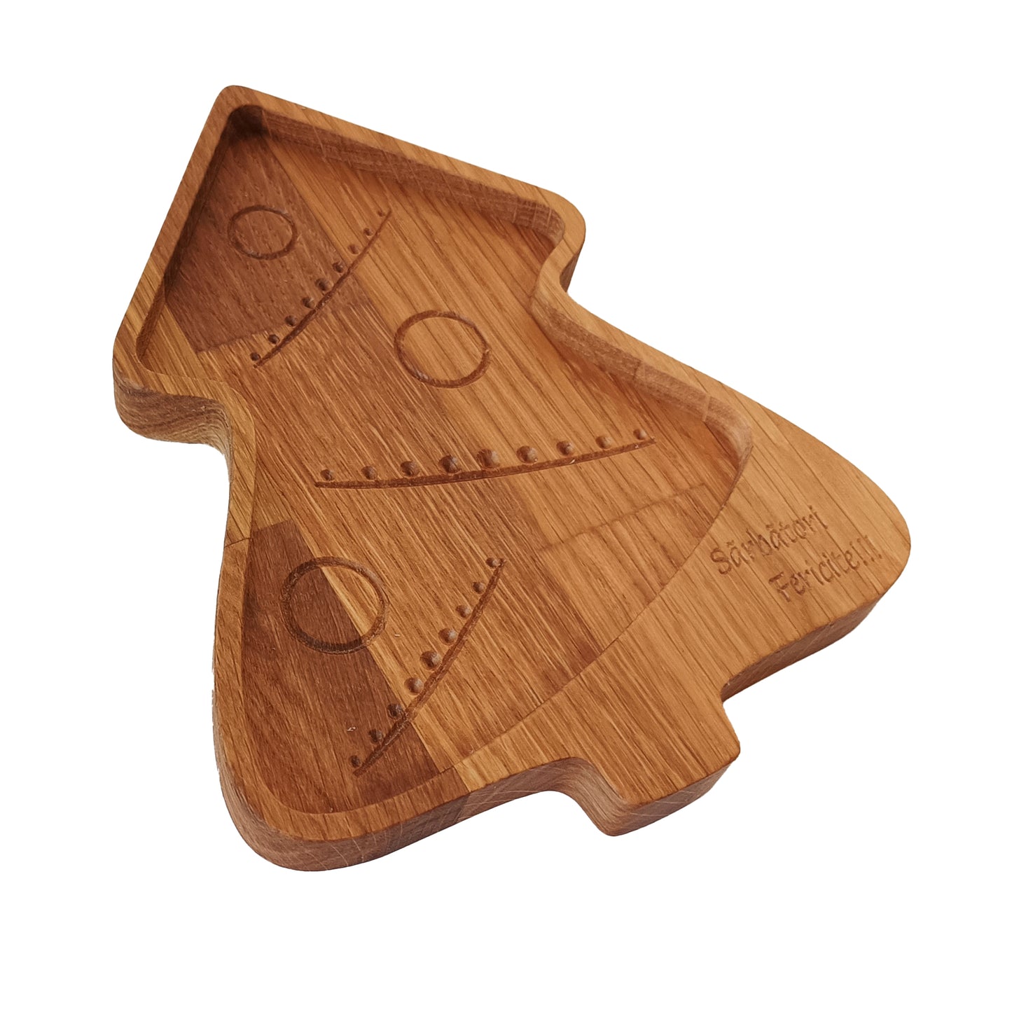 Tava servire in forma de bradut din lemn de stejar, 154x200x18mm