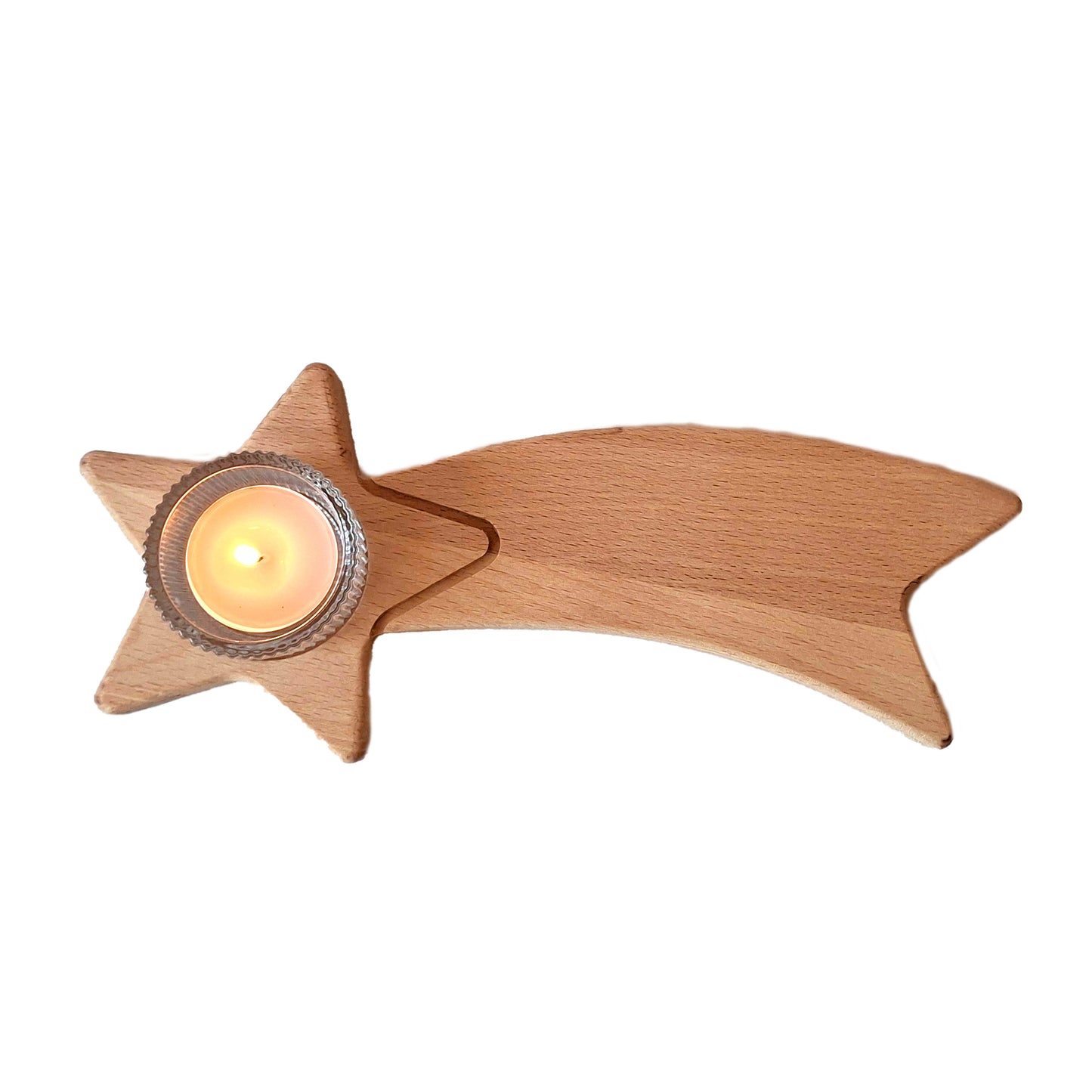 Stea căzătoare, suport lumânare din lemn de fag și sticlă transparentă 250x110x45(18)mm